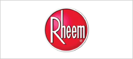 A red and white logo of rheem.
