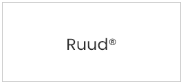 A white ruud logo on top of a black background.